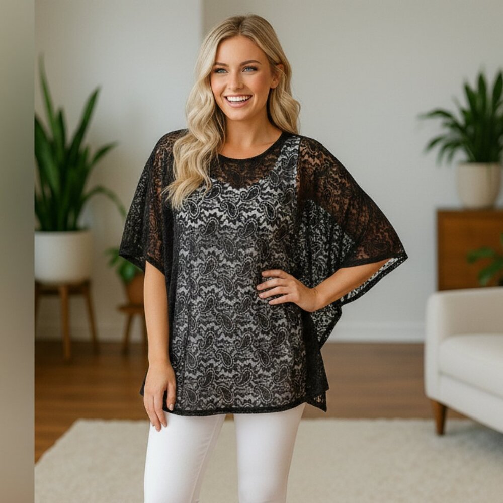 NEW Womens Christmas Black Lace Top, Paisley See Through Elegant Kimono